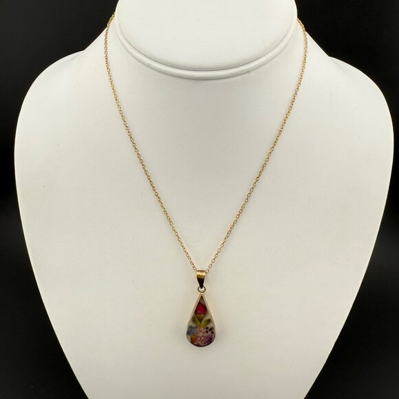 Handmade Real Pressed Flower Teardrop Pendant Necklace Gold-Toned Chain & Mixed - Picture 3 of 10
